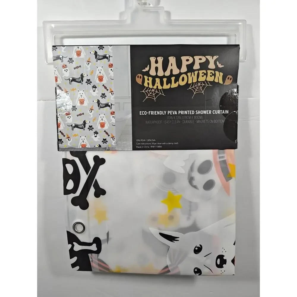 Happy Halloween Shower Curtain Eco Peva 70”x 72” Dog Costumes Trick or Treat Boo